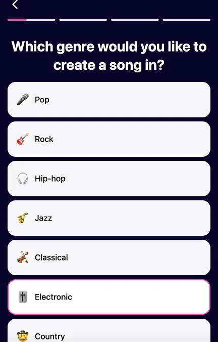 AIR Music quiz screen: Which genre would you like to create a song in?