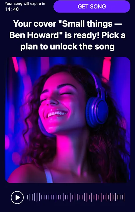 AIR Music quiz screen: your cover is ready, pick a plan to unlock the song