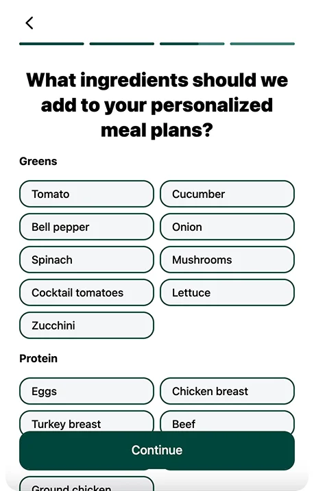 FitLens AI quiz screen: What ingredients should we add to your personalized meal plans?